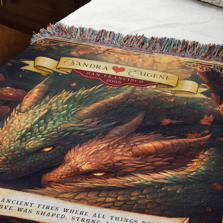 Dragon's Embrace Couples Personalized Heirloom Blanket – Autumn Flame Edition