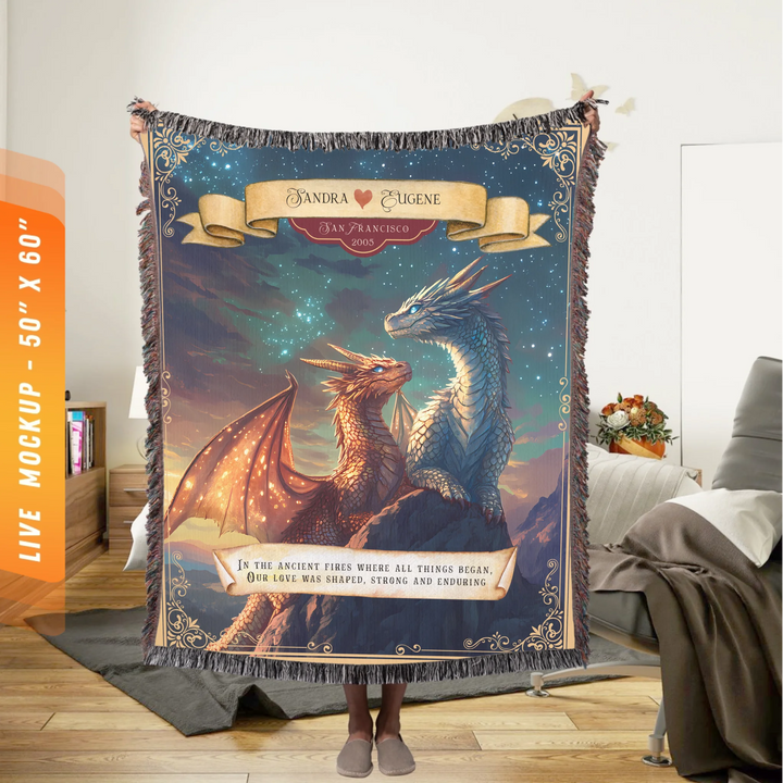 Dragon's Embrace Couples Personalized Heirloom Blanket - Love in the Stars Edition