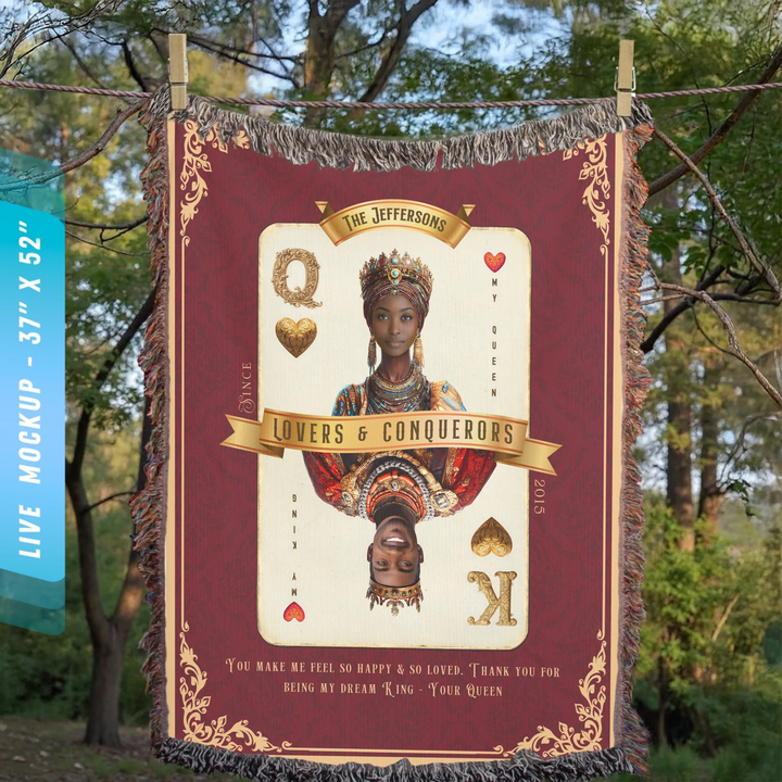 King & Queen of Hearts Couples Playing Card Personalized Heirloom Blanket - African Royalty (Photo Edition)
