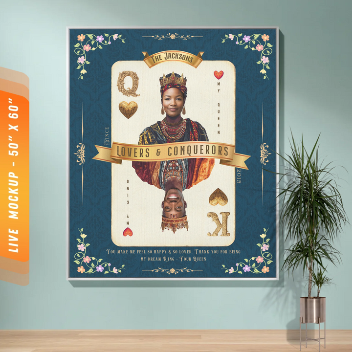 King & Queen of Hearts Couples Playing Card Personalized Heirloom Blanket - African Royalty (Photo Edition)