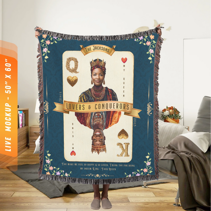 King & Queen of Hearts Couples Playing Card Personalized Heirloom Blanket - African Royalty (Photo Edition)