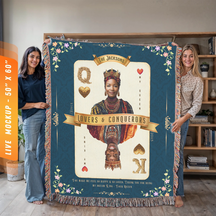 King & Queen of Hearts Couples Playing Card Personalized Heirloom Blanket - African Royalty (Photo Edition)