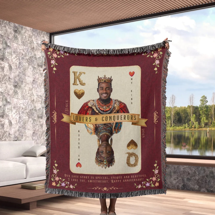 King & Queen of Hearts Couples Playing Card Personalized Heirloom Blanket - African Royalty (Photo Edition)