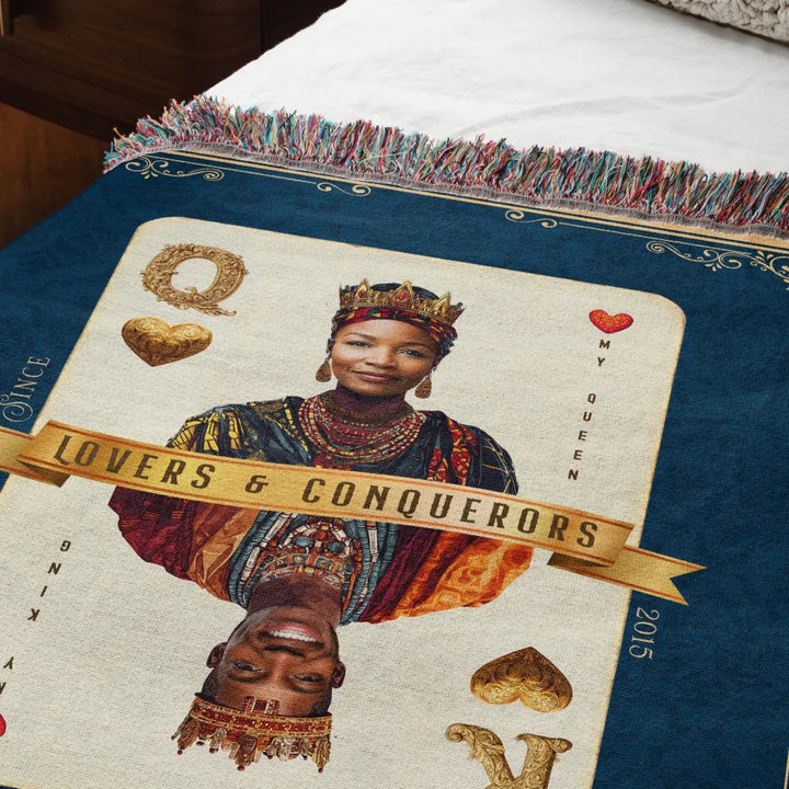 King & Queen of Hearts Couples Playing Card Personalized Heirloom Blanket - African Royalty (Photo Edition)