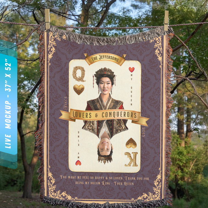 King & Queen of Hearts Couples Playing Card Personalized Heirloom Blanket - Asian Aristocracy (Photo Edition)