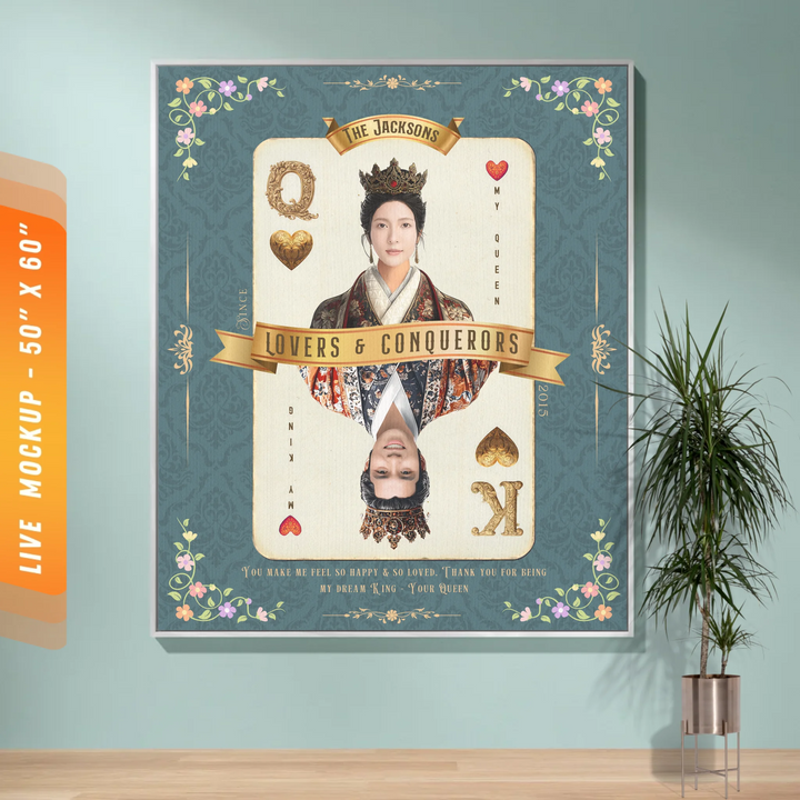 King & Queen of Hearts Couples Playing Card Personalized Heirloom Blanket - Asian Aristocracy (Photo Edition)