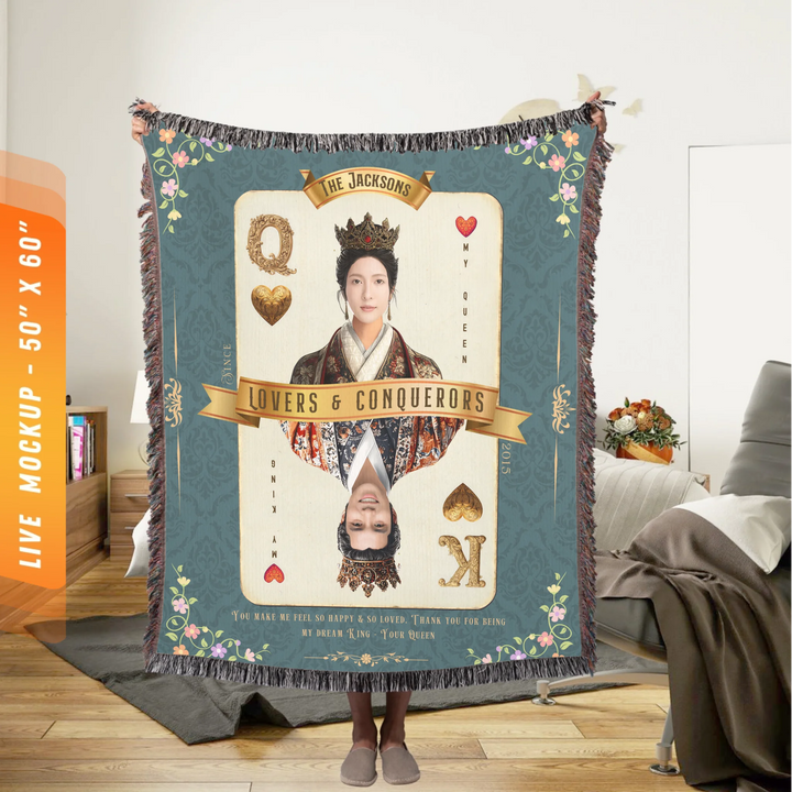 King & Queen of Hearts Couples Playing Card Personalized Heirloom Blanket - Asian Aristocracy (Photo Edition)