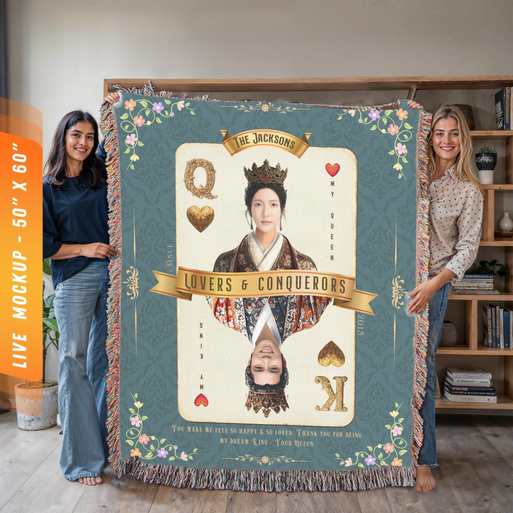 King & Queen of Hearts Couples Playing Card Personalized Heirloom Blanket - Asian Aristocracy (Photo Edition)