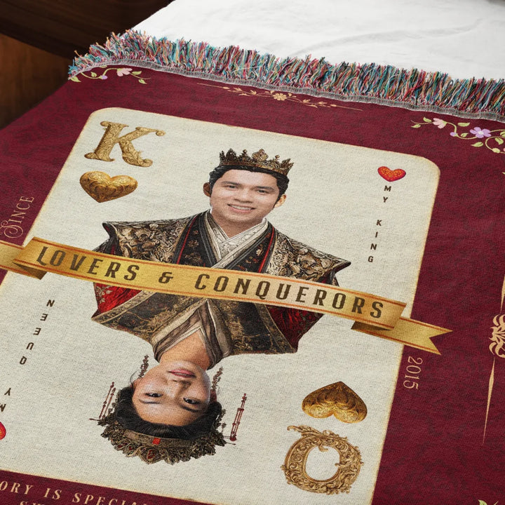 King & Queen of Hearts Couples Playing Card Personalized Heirloom Blanket - Asian Aristocracy (Photo Edition)