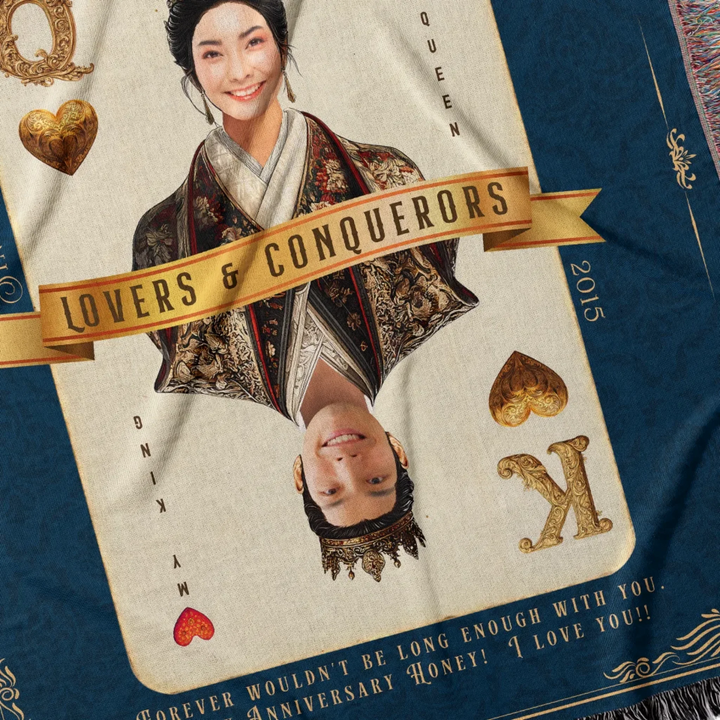 King & Queen of Hearts Couples Playing Card Personalized Heirloom Blanket - Asian Aristocracy (Photo Edition)