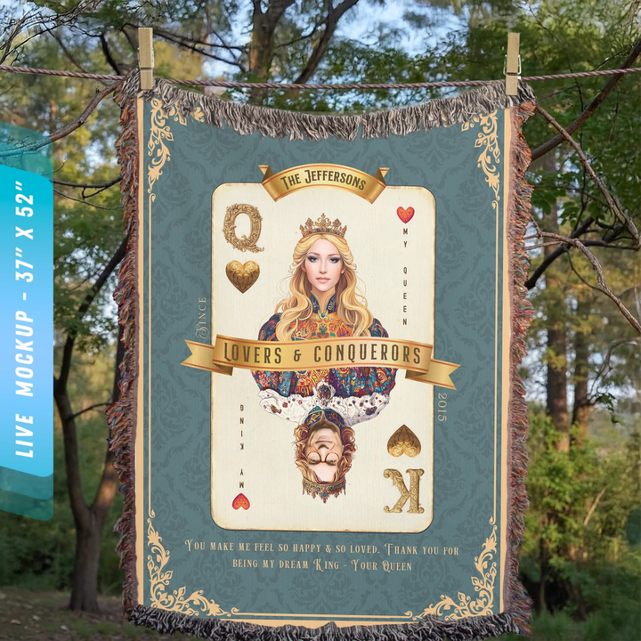 King & Queen of Hearts Couples Playing Card Personalized Heirloom Blanket - European Regality (Photo Edition)