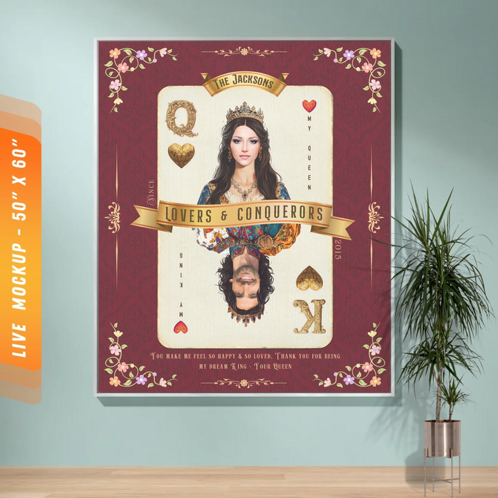 King & Queen of Hearts Couples Playing Card Personalized Heirloom Blanket - European Regality (Photo Edition)