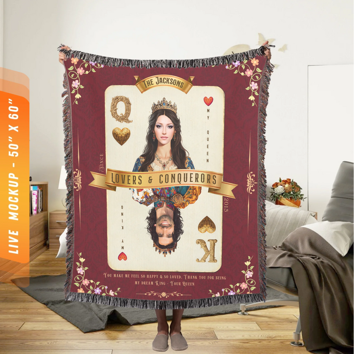 King & Queen of Hearts Couples Playing Card Personalized Heirloom Blanket - European Regality (Photo Edition)
