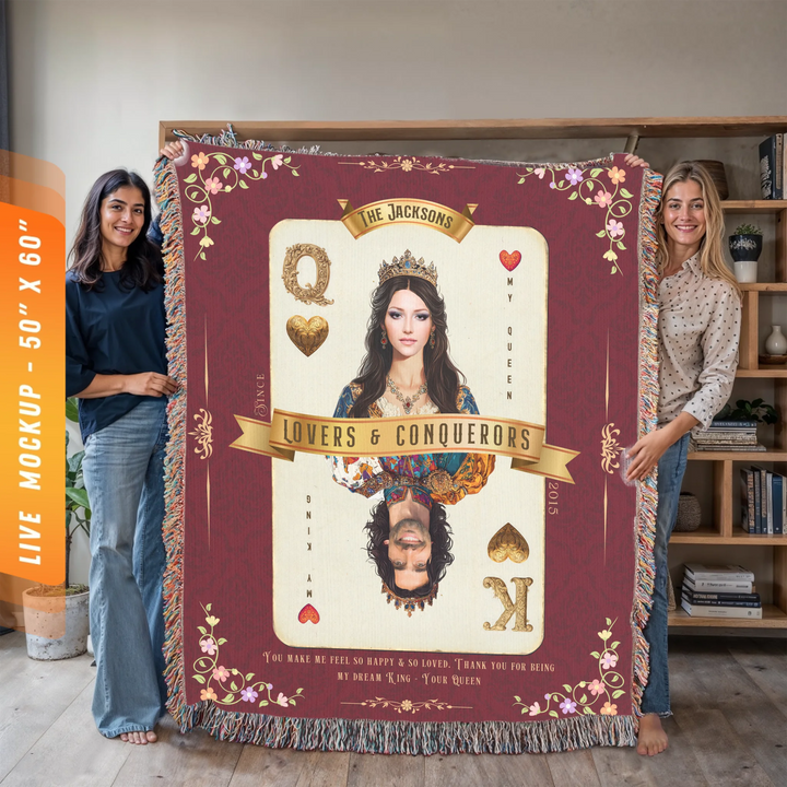 King & Queen of Hearts Couples Playing Card Personalized Heirloom Blanket - European Regality (Photo Edition)