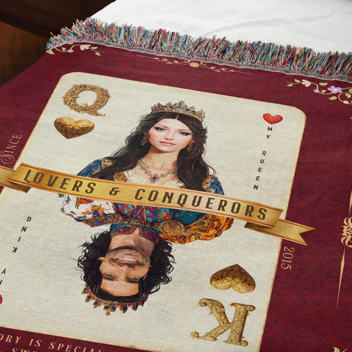 King & Queen of Hearts Couples Playing Card Personalized Heirloom Blanket - European Regality (Photo Edition)