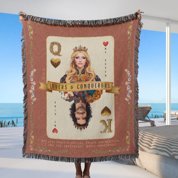 King & Queen of Hearts Couples Playing Card Personalized Heirloom Blanket - European Regality (Photo Edition)
