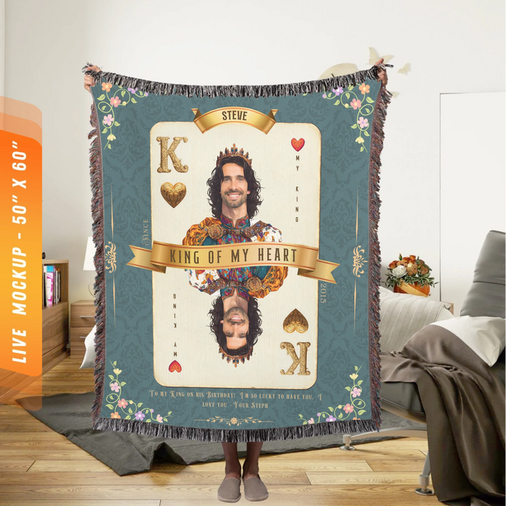 King of My Heart Playing Card Personalized Heirloom Blanket - Euro Regality