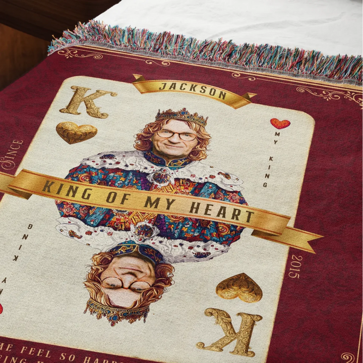 King of My Heart Playing Card Personalized Heirloom Blanket - Euro Regality