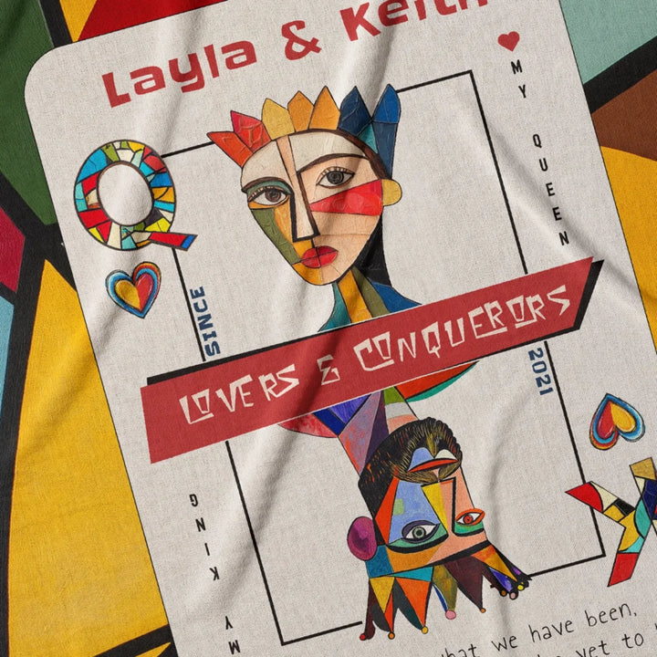 King & Queen of Hearts Couples Playing Card Personalized Heirloom Blanket (Picasso Edition 2)