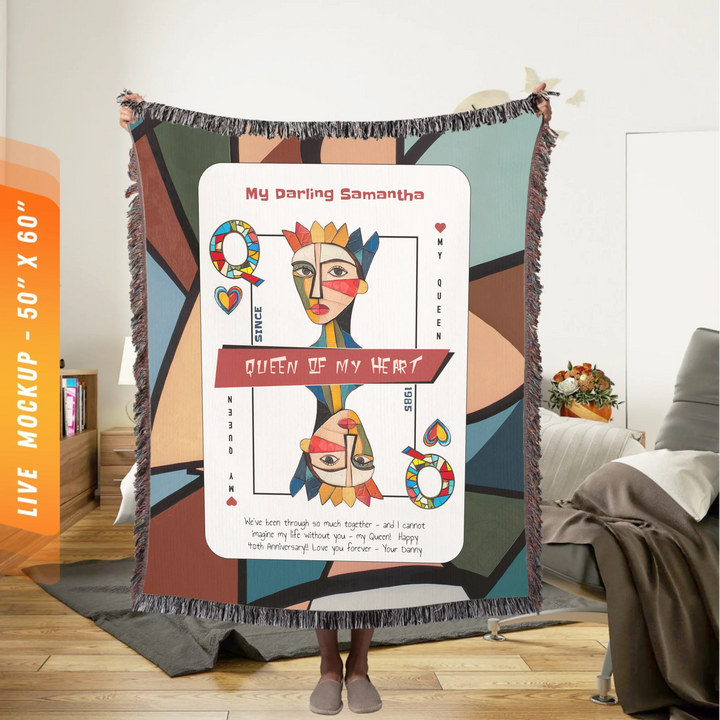 King & Queen of Hearts Couples Playing Card Personalized Heirloom Blanket (Picasso Edition 2)