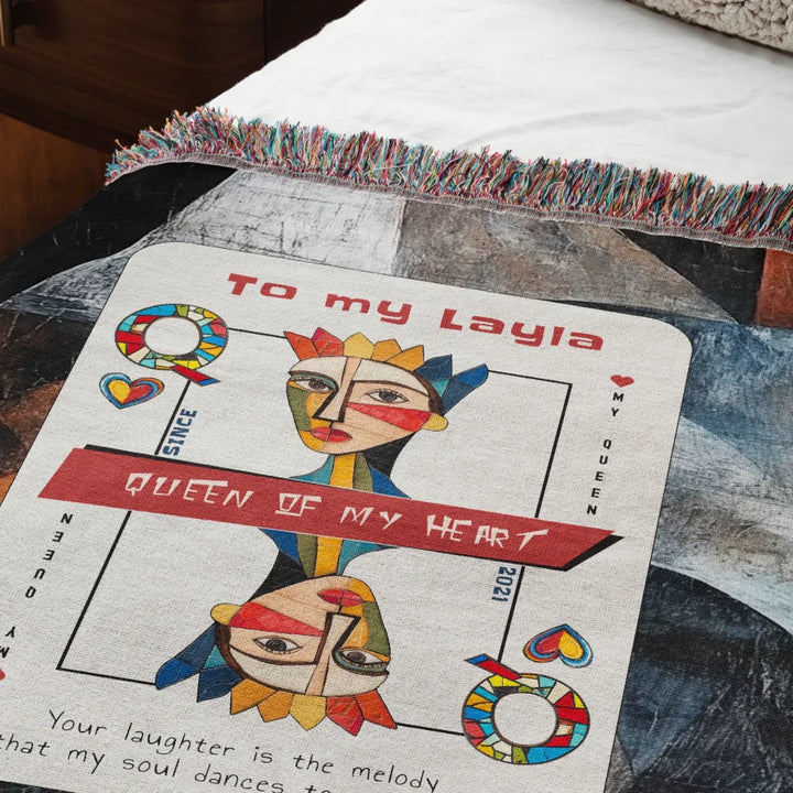 King & Queen of Hearts Couples Playing Card Personalized Heirloom Blanket (Picasso Edition 2)