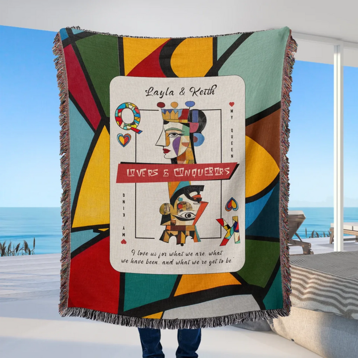 King & Queen of Hearts Couples Playing Card Personalized Heirloom Blanket (Picasso Edition 1)