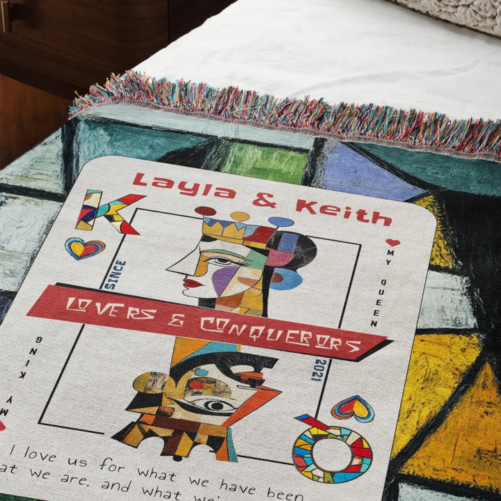 King & Queen of Hearts Couples Playing Card Personalized Heirloom Blanket (Picasso Edition 1)
