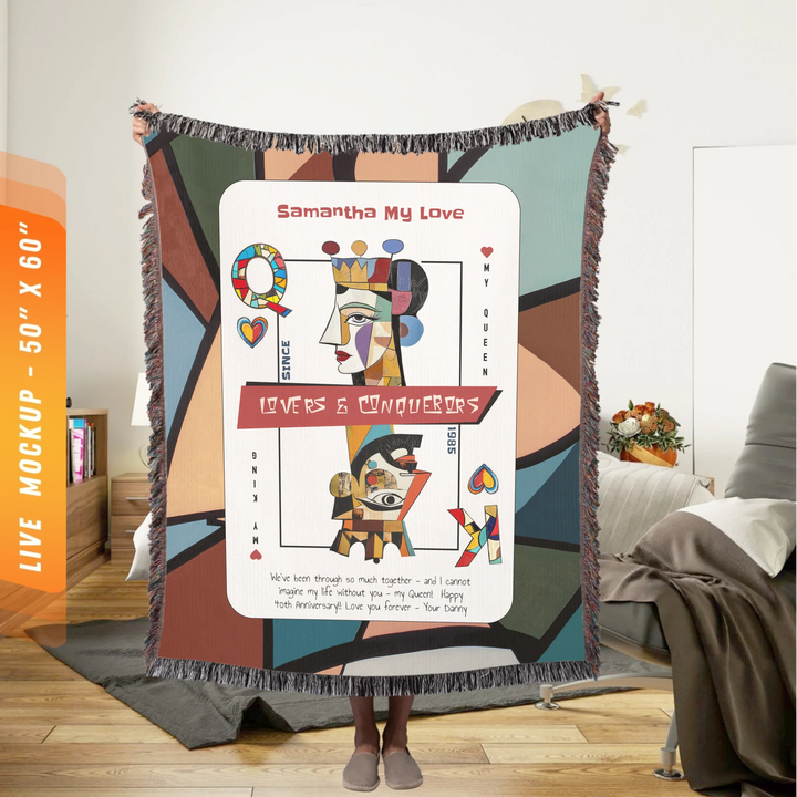 King & Queen of Hearts Couples Playing Card Personalized Heirloom Blanket (Picasso Edition 1)