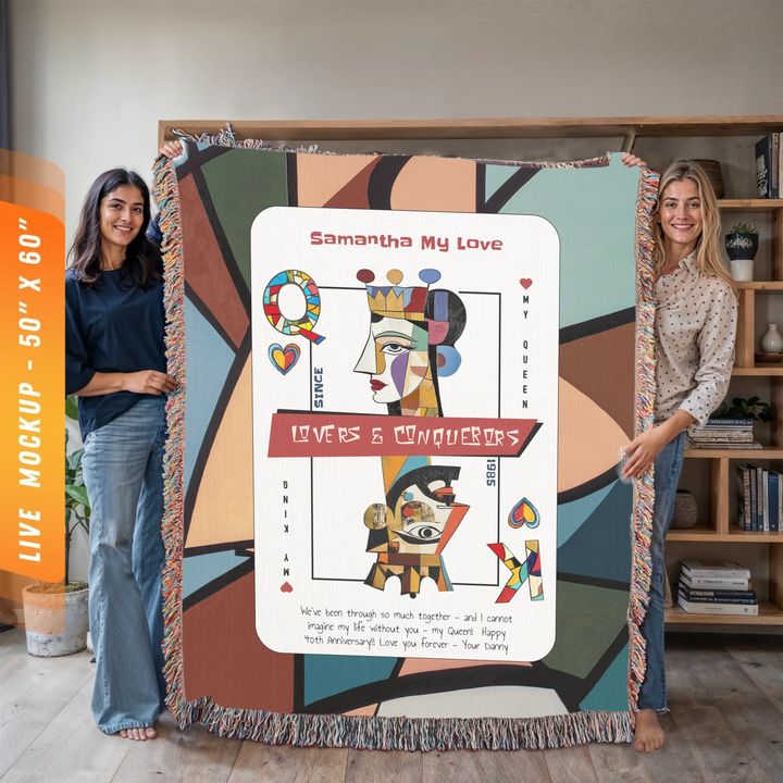 King & Queen of Hearts Couples Playing Card Personalized Heirloom Blanket (Picasso Edition 1)