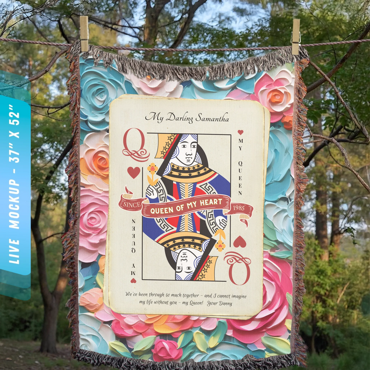 King & Queen of Hearts Couples Playing Card Personalized Heirloom Blanket (Floral Edition)