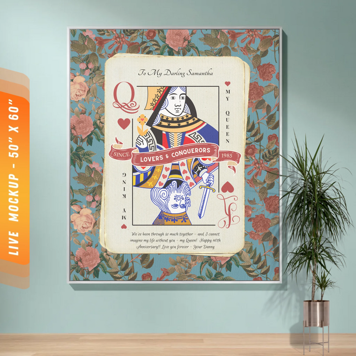 King & Queen of Hearts Couples Playing Card Personalized Heirloom Blanket (Floral Edition)