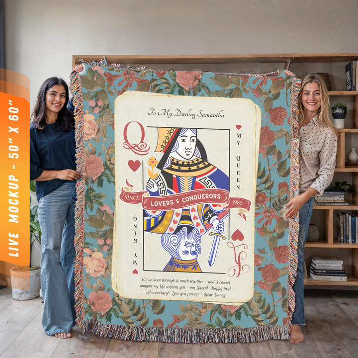 King & Queen of Hearts Couples Playing Card Personalized Heirloom Blanket (Floral Edition)