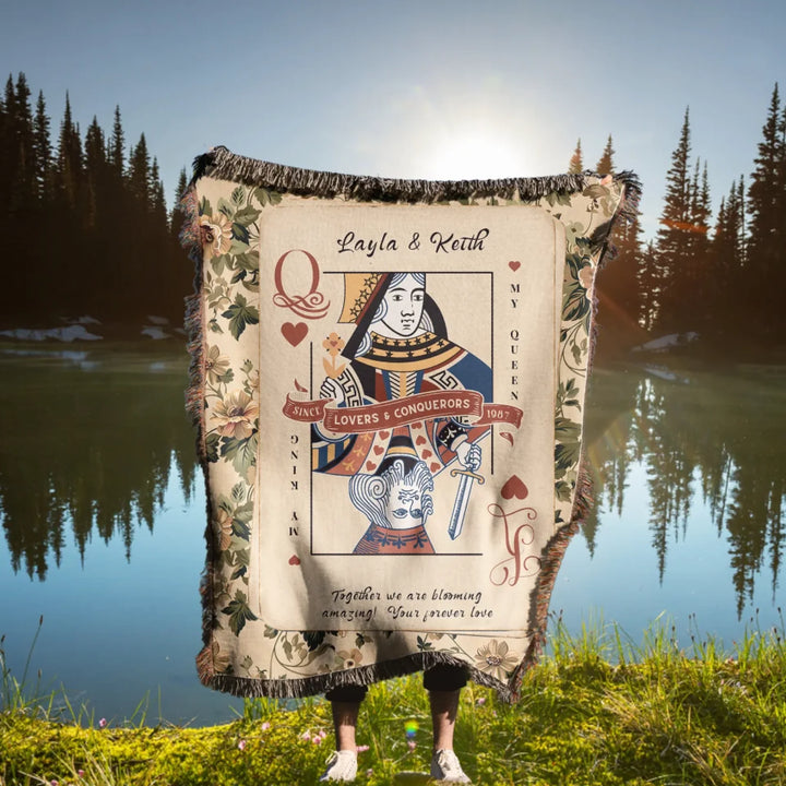 King & Queen of Hearts Couples Playing Card Personalized Heirloom Blanket (Floral Edition)