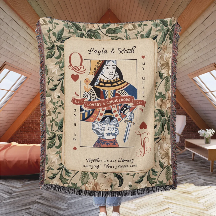 King & Queen of Hearts Couples Playing Card Personalized Heirloom Blanket (Floral Edition)