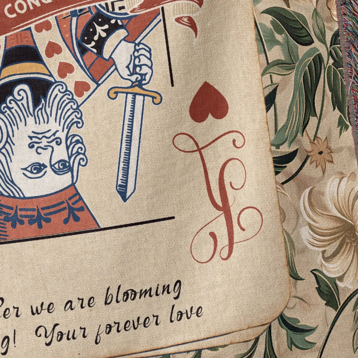 King & Queen of Hearts Couples Playing Card Personalized Heirloom Blanket (Floral Edition)