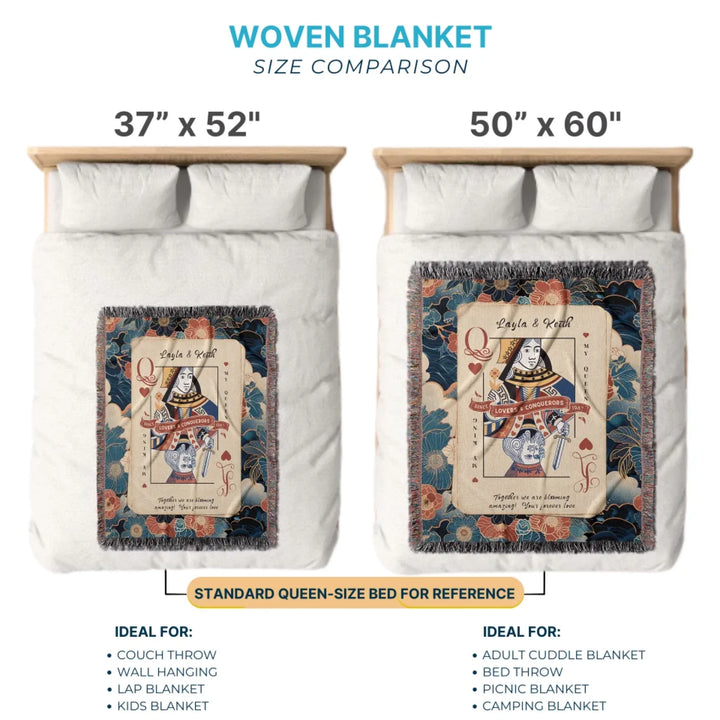 King & Queen of Hearts Couples Playing Card Personalized Heirloom Blanket (Floral Edition)
