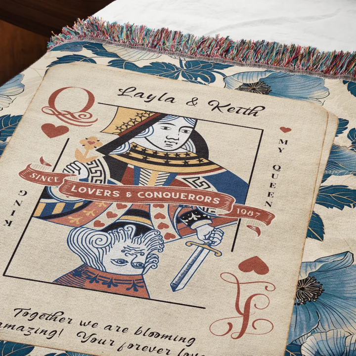 King & Queen of Hearts Couples Playing Card Personalized Heirloom Blanket (Floral Edition)