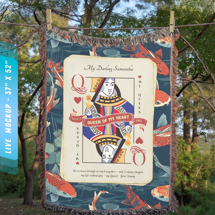 King & Queen of Hearts Couples Playing Card Personalized Heirloom Blanket (Vintage Tapestry Edition)