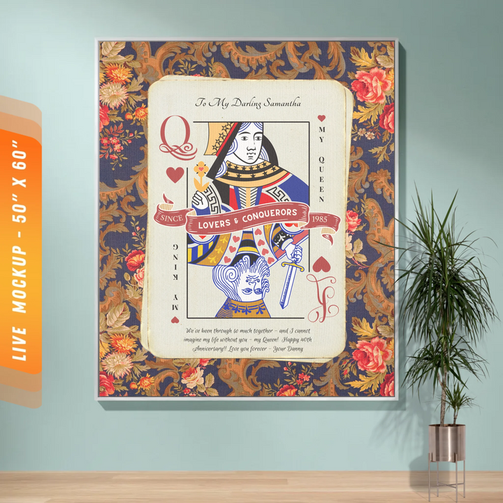 King & Queen of Hearts Couples Playing Card Personalized Heirloom Blanket (Vintage Tapestry Edition)