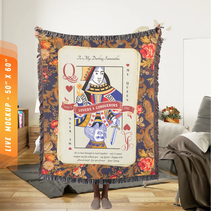 King & Queen of Hearts Couples Playing Card Personalized Heirloom Blanket (Vintage Tapestry Edition)