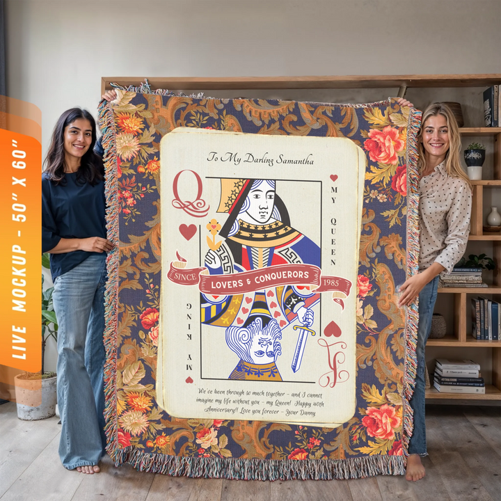King & Queen of Hearts Couples Playing Card Personalized Heirloom Blanket (Vintage Tapestry Edition)