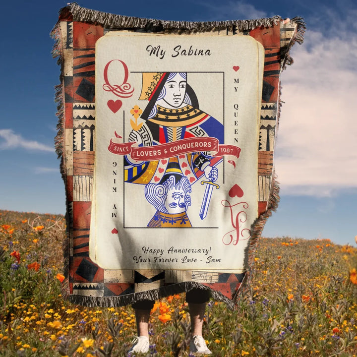 King & Queen of Hearts Couples Playing Card Personalized Heirloom Blanket (Vintage Tapestry Edition)