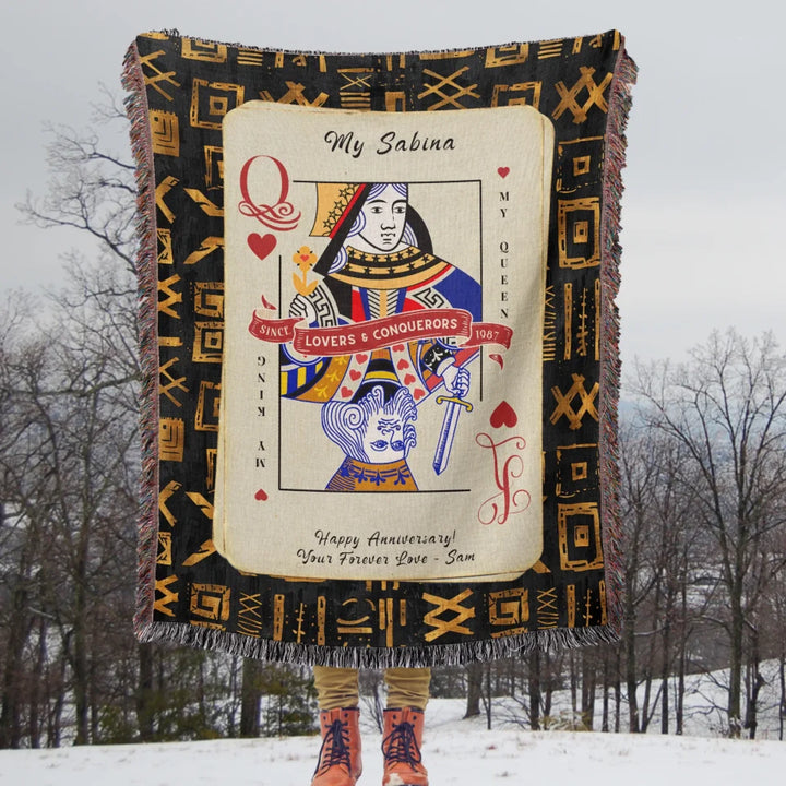 King & Queen of Hearts Couples Playing Card Personalized Heirloom Blanket (Vintage Tapestry Edition)
