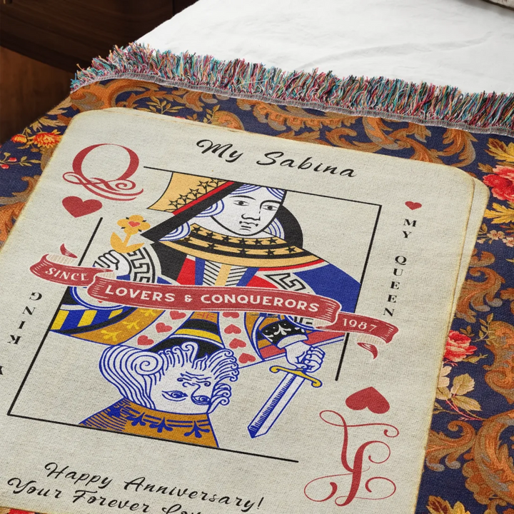 King & Queen of Hearts Couples Playing Card Personalized Heirloom Blanket (Vintage Tapestry Edition)