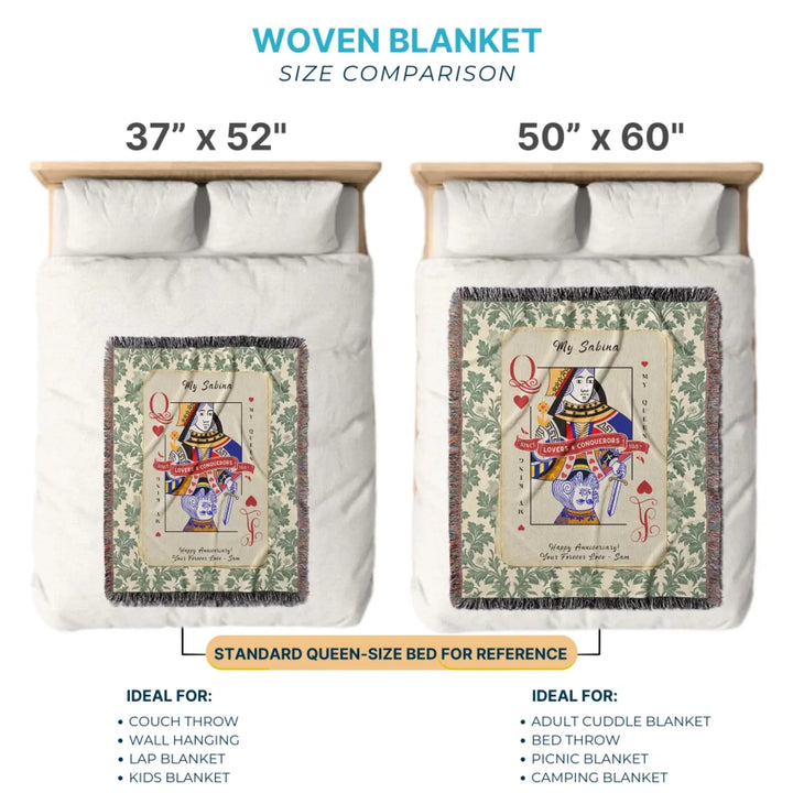King & Queen of Hearts Couples Playing Card Personalized Heirloom Blanket (Vintage Tapestry Edition)