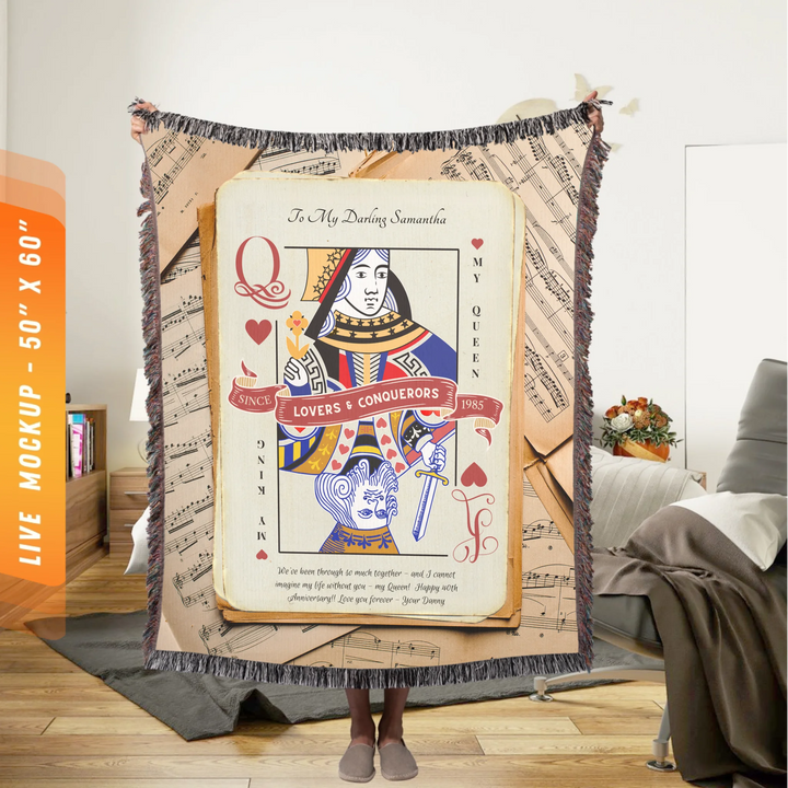 King & Queen of Hearts Couples Playing Card Personalized Heirloom Blanket (Maestro Edition)