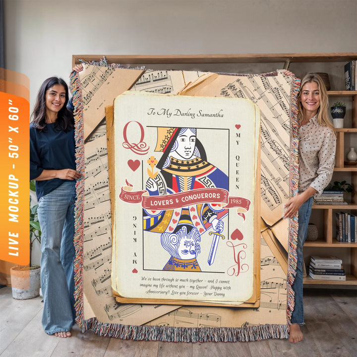 King & Queen of Hearts Couples Playing Card Personalized Heirloom Blanket (Maestro Edition)
