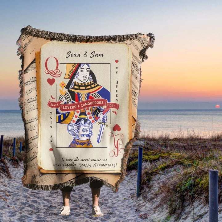 King & Queen of Hearts Couples Playing Card Personalized Heirloom Blanket (Maestro Edition)