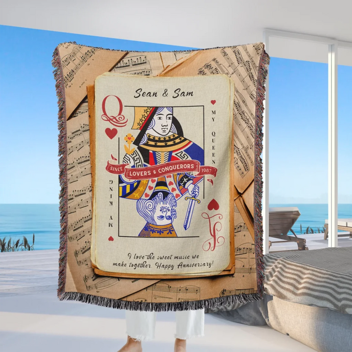 King & Queen of Hearts Couples Playing Card Personalized Heirloom Blanket (Maestro Edition)