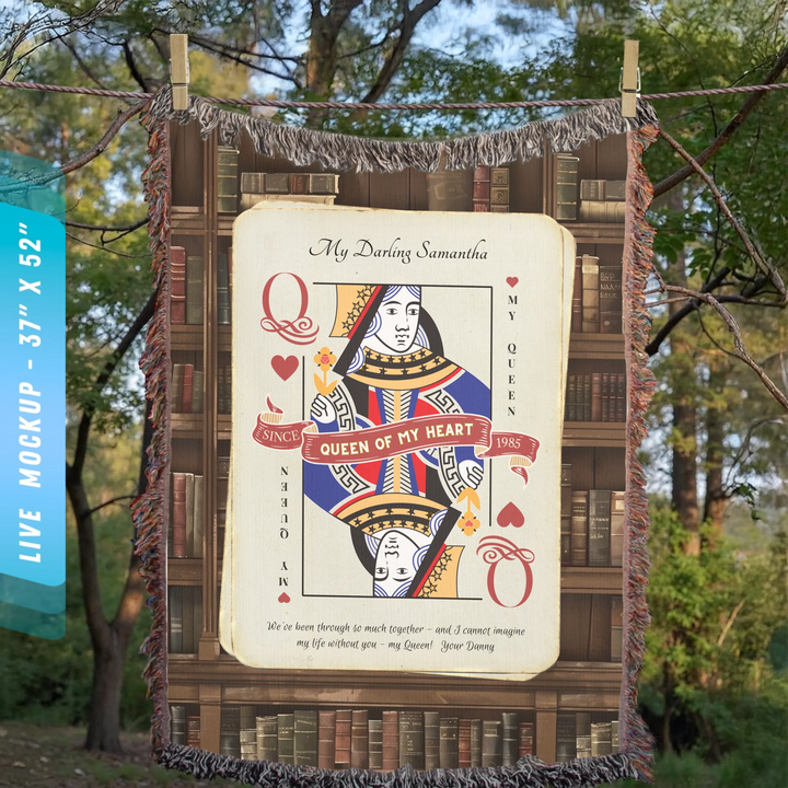 King & Queen of Hearts Couples Playing Card Personalized Heirloom Blanket (Book Lovers Edition)